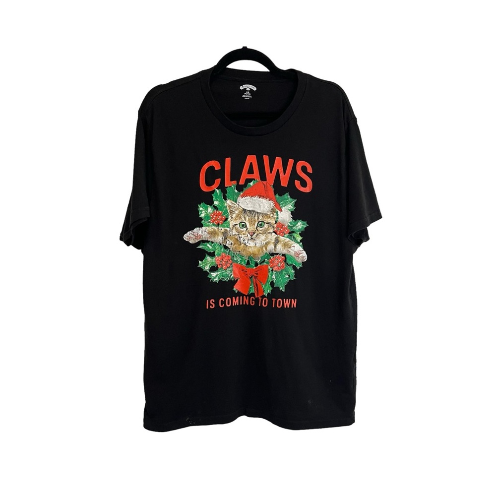 Holiday Time Christmas Santa Claws Is Coming to Town Cat Graphic Tee Mens Size L